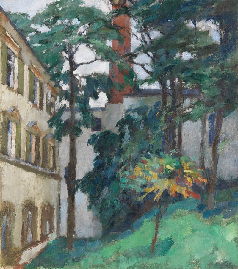 Schlosshof de Leo Putz, óleo sobre lienzo que representa un patio al atardecer con ruinas de piedra.