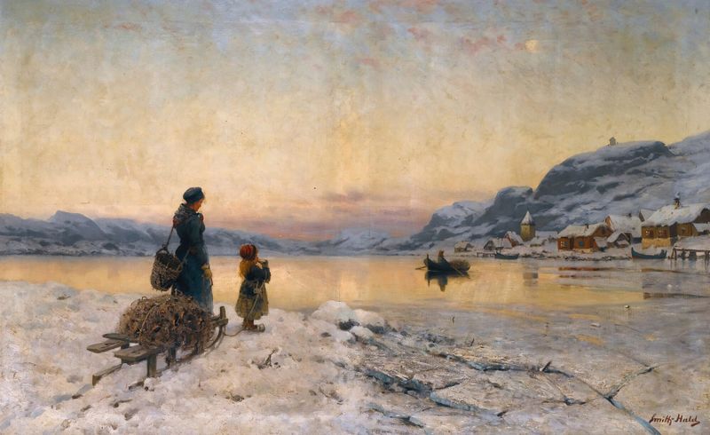 Winter Day By The Fjord, oil on canvas by Frithjof Smith-Hald, depicting a serene winter landscape.