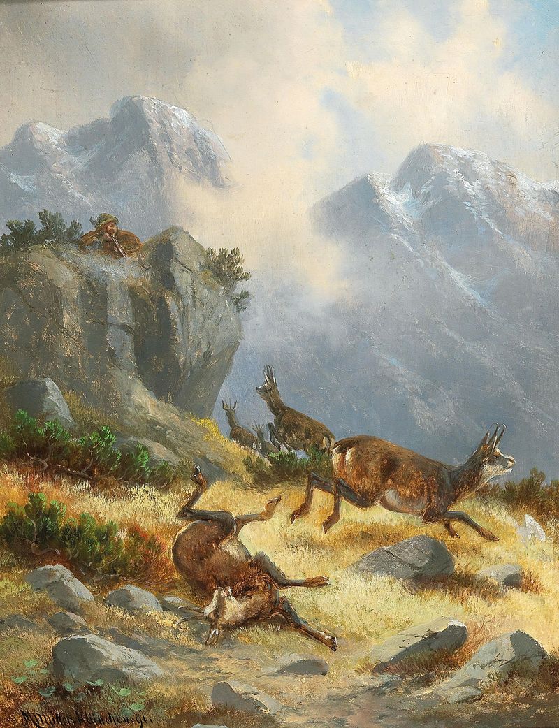 Caça ao Chamois de Moritz Müller, caçador em uma paisagem alpina, realismo