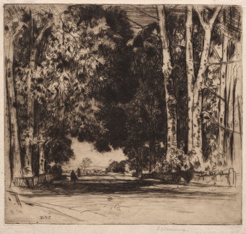 Paisaje de The Avenue de David Young Cameron, pintura al óleo que presenta un camino arbolado y luz moteada.