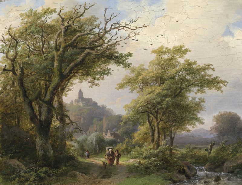 Wanderer am Bach, oil on canvas by Johann Bernhard Klombeck, featuring a figure by a stream in golden light.