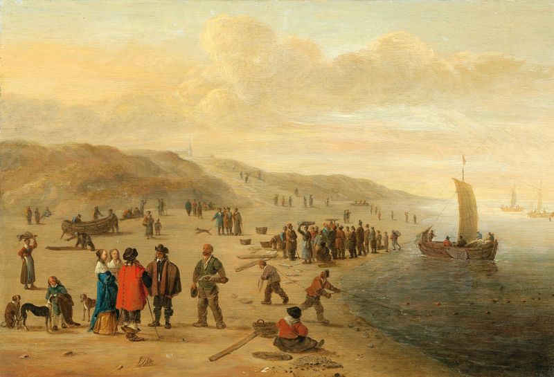 Marine scene with fishermen and boats by Cornelis Beelt, unknown medium