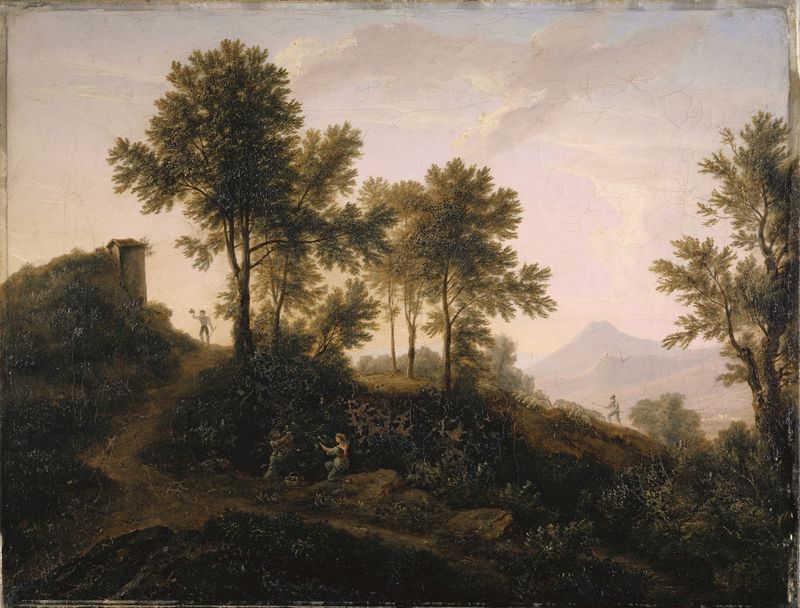 Italian Landscape by Jakob Christoph Miville, oil on canvas, depicting a tranquil dawn over rolling hills.