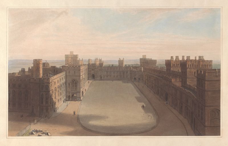 The Quadrangle, Windsor Castle de William Daniell, paisagem com um castelo e vegetação vibrante.