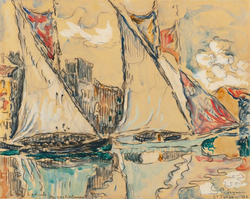 Saint-Tropez, Voiles Au Sec by Paul Signac, oil on canvas depicting boats in a shimmering bay