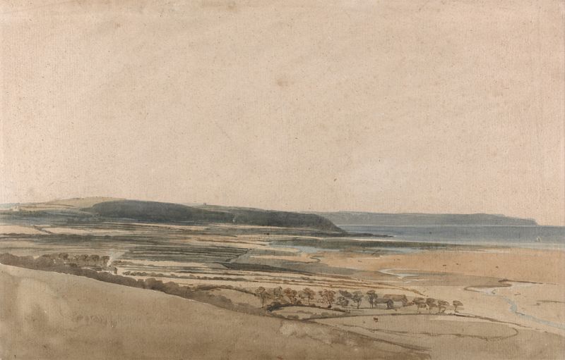 Acuarela de Thomas Girtin que representa el estuario del río Taw, Devon, con colinas onduladas.