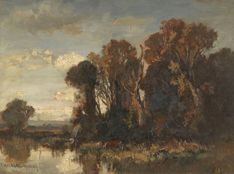 Landscape with cows grazing near a river by Fritz Halberg-Krauss, medium unknown.