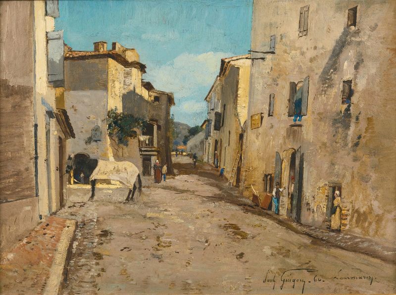 Rue À Lourmarin (Vaucluse) pintura a óleo de Paul-Camille Guigou retratando uma rua ensolarada.