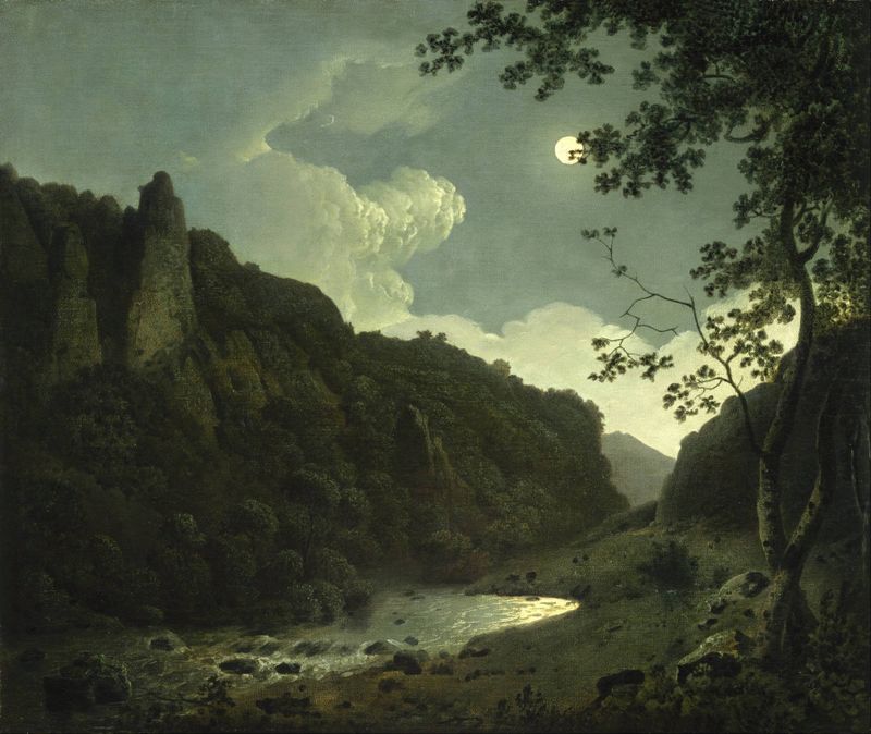 Dovedale by Moonlight, óleo sobre lienzo de Joseph Wright of Derby, representando un valle bajo la luz de la luna.