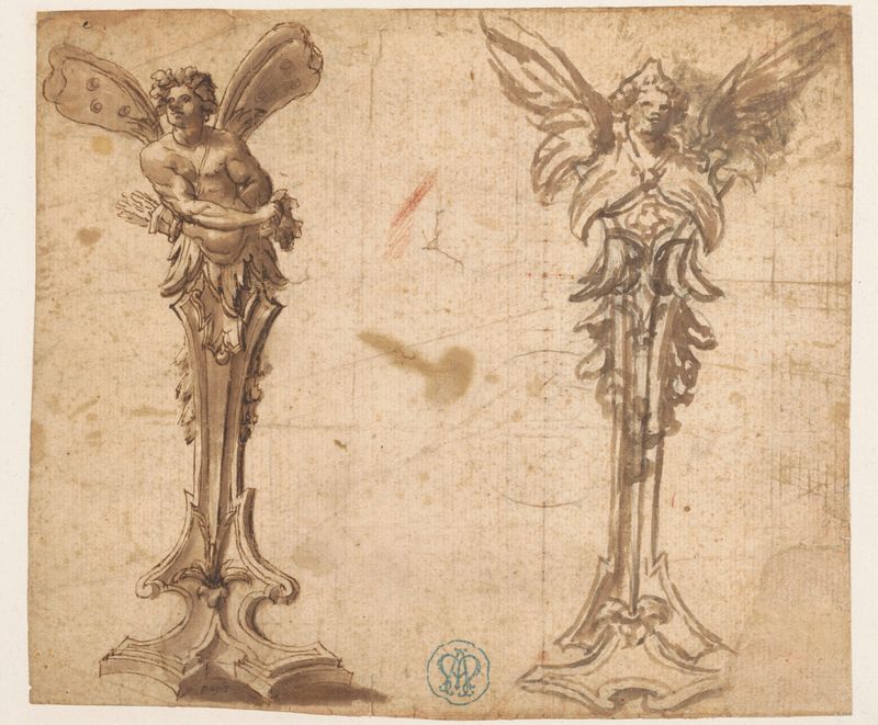 Drawing by Pierre Puget depicting herms with wings and delicate curves.