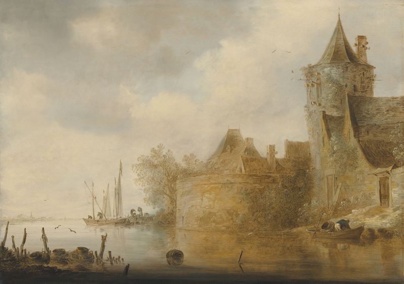 Paisaje fluvial con una torre y edificios del pueblo, óleo sobre lienzo de Cornelis van der Schalcke