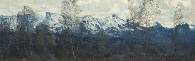Wintertag by Michael Licklederer, oil painting depicting a winter landscape with mountains and snow.