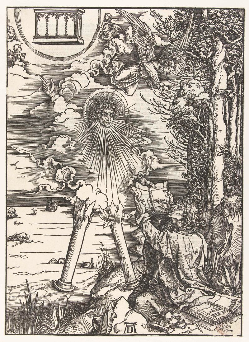 Grabado de Albrecht Dürer que representa a Juan el Evangelista sosteniendo un libro