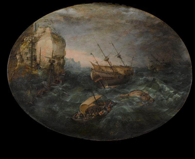 Shipwreck off a Rocky Coast by Adam Willaerts, oil on panel, showing wrecked ships and survivors in a storm.