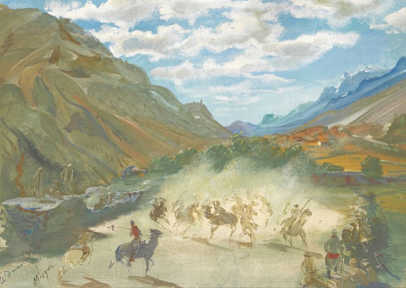 Polo Game At Misgar, oil painting by Alexandre Jacovleff showing players and horses in action.