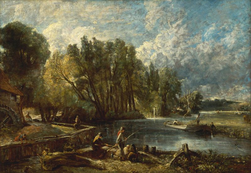 Stratford Mill by John Constable, oil on canvas depicting a mill by a river with trees and reflections.