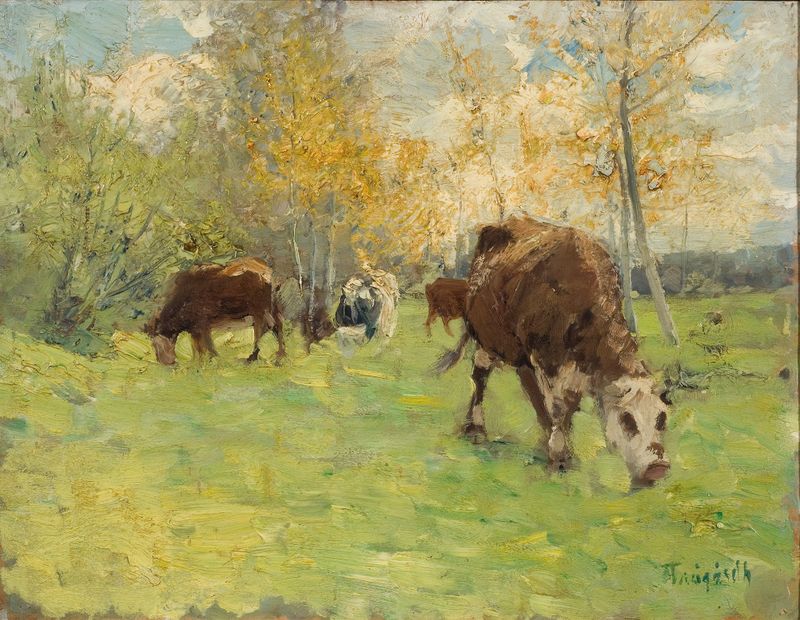 Pastoral landscape with cows, oil painting by Carl Trägårdh