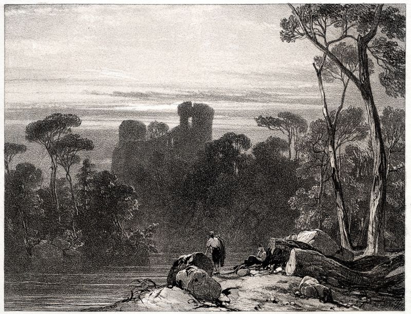 Bothwell Castle by Richard Parkes Bonington, oil painting of a crumbling castle in a lush landscape.