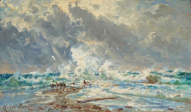 Cena marinha representando o encontro de dois mares por Holger Henrik Herholdt Drachmann, pintura a óleo