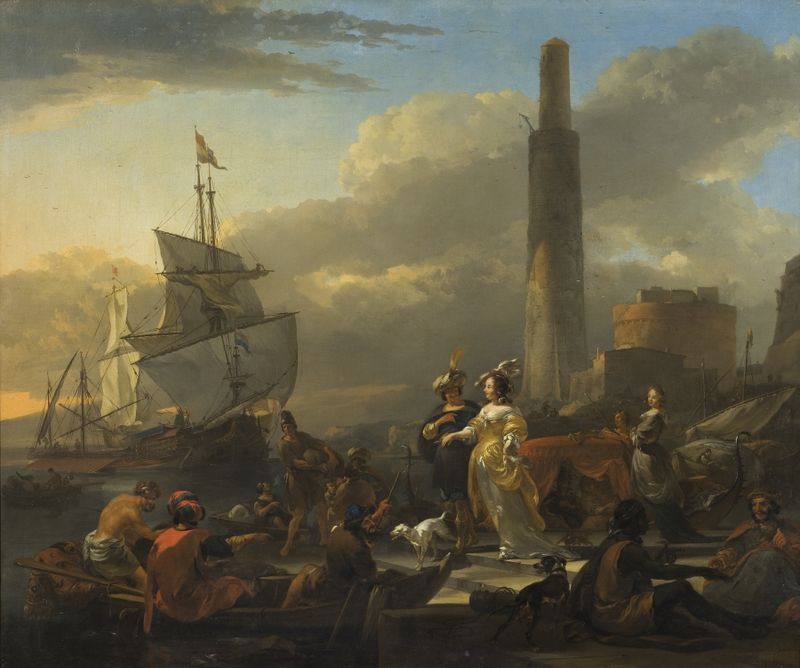 A Harbour Scene de Nicolaes Pietersz Berchem, pintura a óleo que retrata barcos em um mar tranquilo.