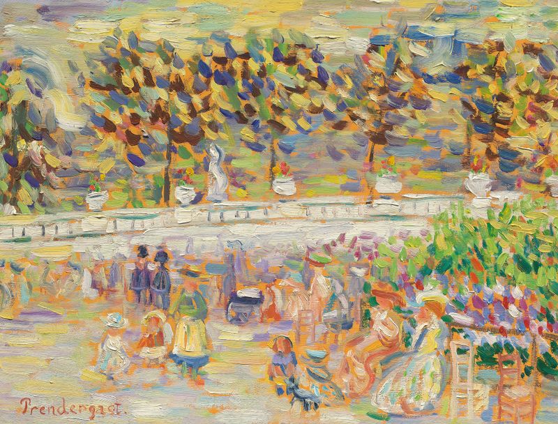 Summer in the Park, Jardin du Luxembourg by Maurice Prendergast, oil painting depicting a vibrant park scene