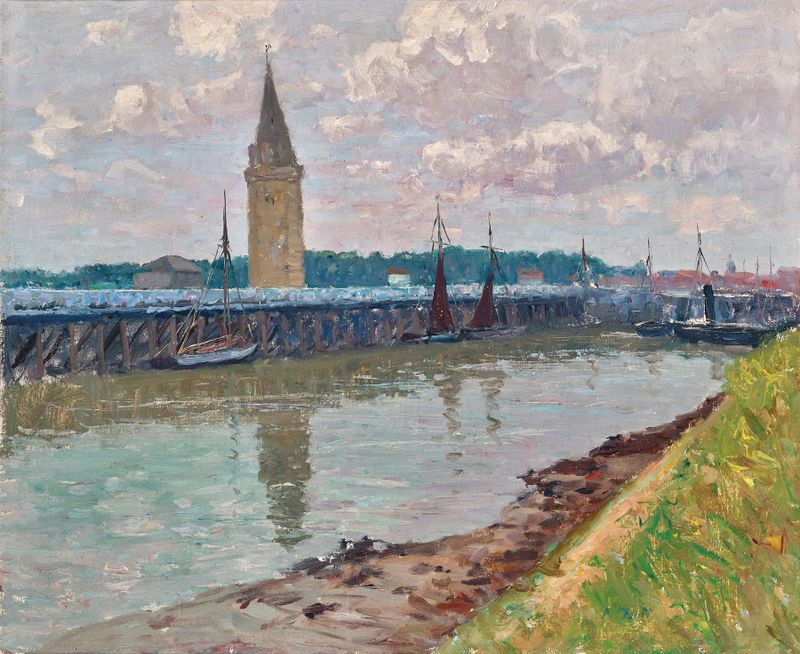 Escena marina con barcos y reflejos, pintura al óleo de Alfred Zoff