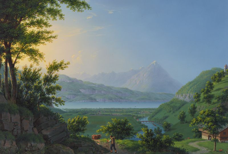 Cena de lago com montanhas e reflexos, pintura a óleo de Johann Heinrich Bleuler the Younger.