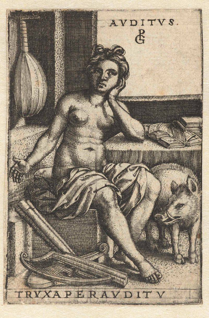 Gravura de Georg Pencz retratando uma figura contemplativa em Gehoor (Auditus)