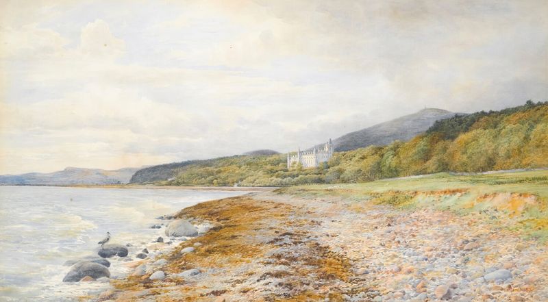 On The Beach, Dunrobin by Samuel William Oscroft, oil painting depicting waves and sunlight.