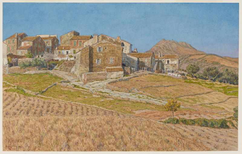 Aquarela de Henri Rivière representando uma paisagem de Puig del Mas, Banyuls.