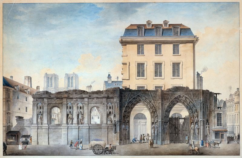 Engraving by Auguste-Sébastien Bénard showing the facade of Hôtel-Dieu after the 1772 fire.