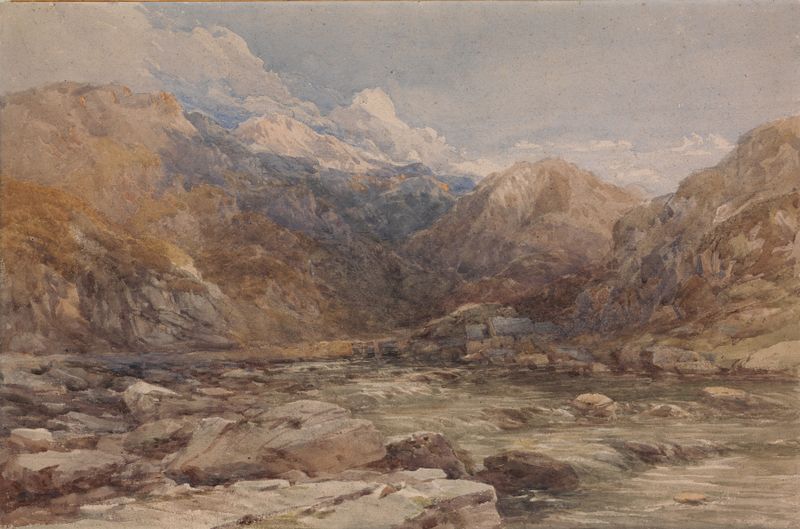 River Landscape in Wales de David Cox, pintura a óleo que retrata uma cena serena de um rio.