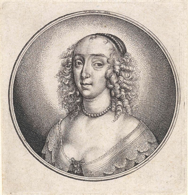 Retrato de uma mulher com decote baixo, colar de pérolas e cabelo encaracolado, gravura de Wenceslaus Hollar