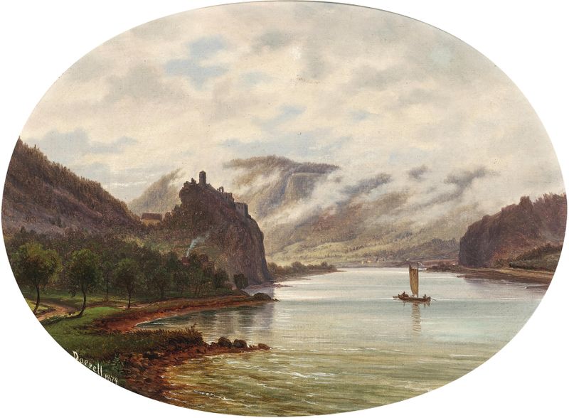 A landscape featuring Střekov Castle on the Elbe river, oil painting by Ernst Gustav Doerell