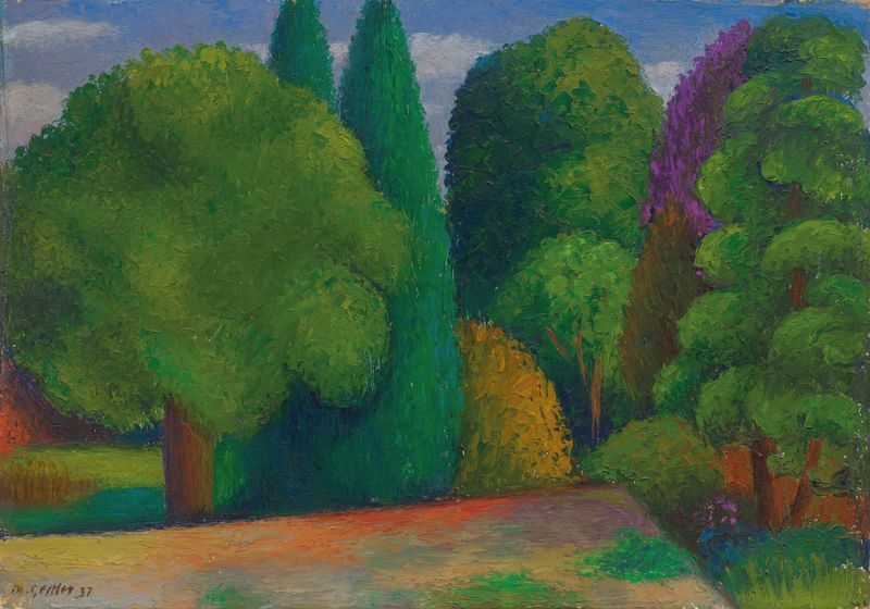 Landscape Row of Trees by Mark Gertler, oil on canvas depicting tall trees against a lighter backdrop.