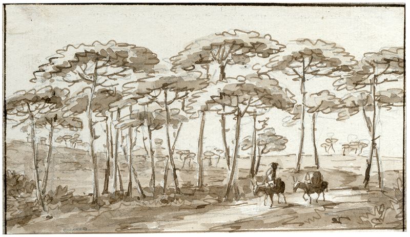 Hoge bomen in Spaans landschap de Otto Howen, óleo sobre lienzo que representa un paisaje sereno.