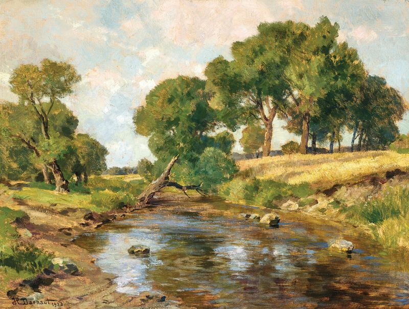 Flusslandschaft de Hugo Darnaut, uma paisagem impressionista que retrata uma cena tranquila de rio.