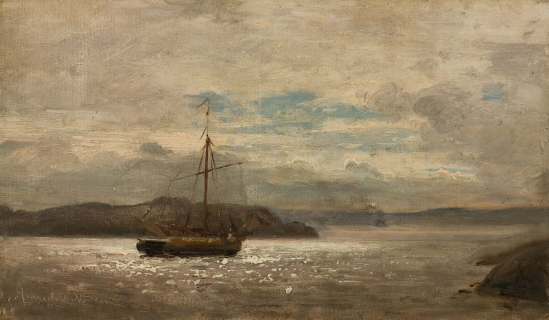 Hoven, Mandal de Amaldus Nielsen, óleo sobre lienzo que representa acantilados escarpados y mar tranquilo.