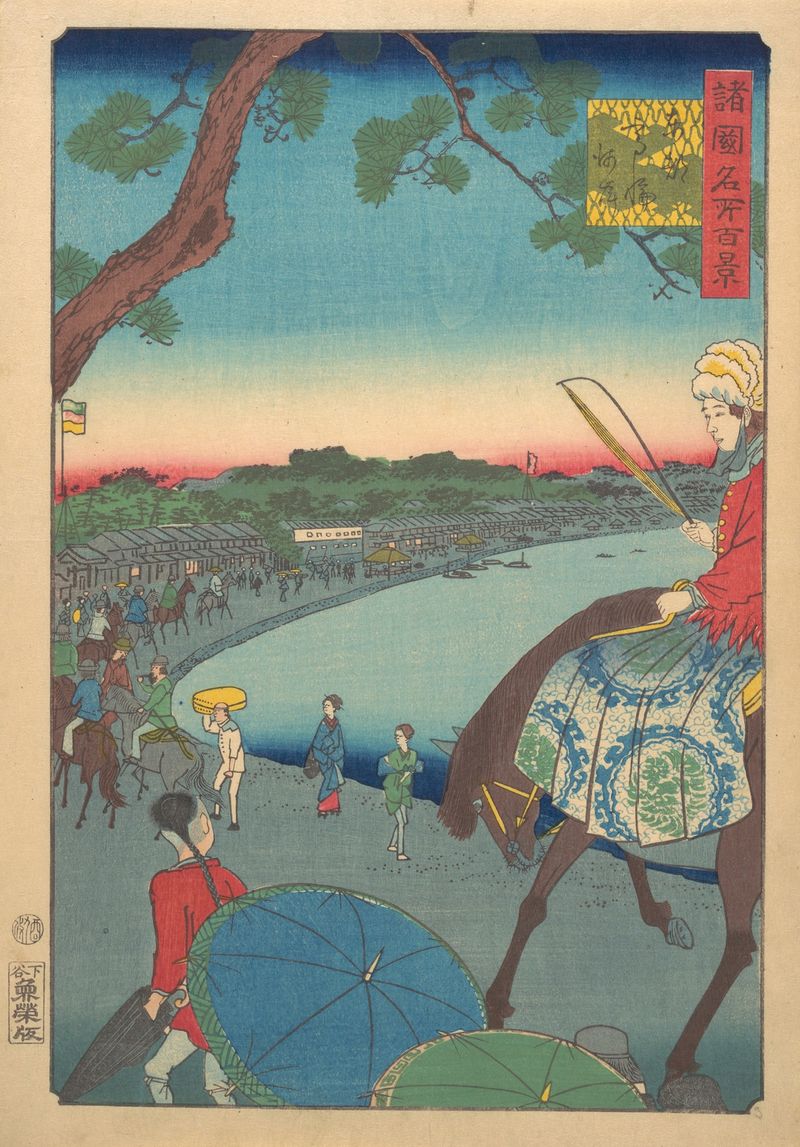 Ukiyo-e de Utagawa Hiroshige que muestra jinetes a lo largo de un camino costero en Takanawa