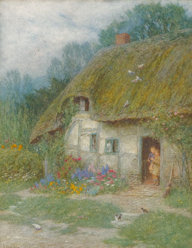 A Wiltshire Cottage by Helen Allingham, Victorian style, thatched cottage in a golden light landscape.