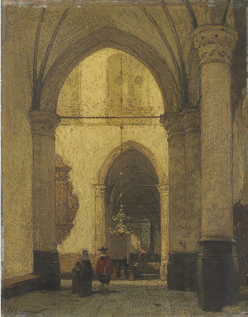 Interior de St. Laurens, Church At Alkmaar de Johannes Bosboom, con columnas y vidrieras.