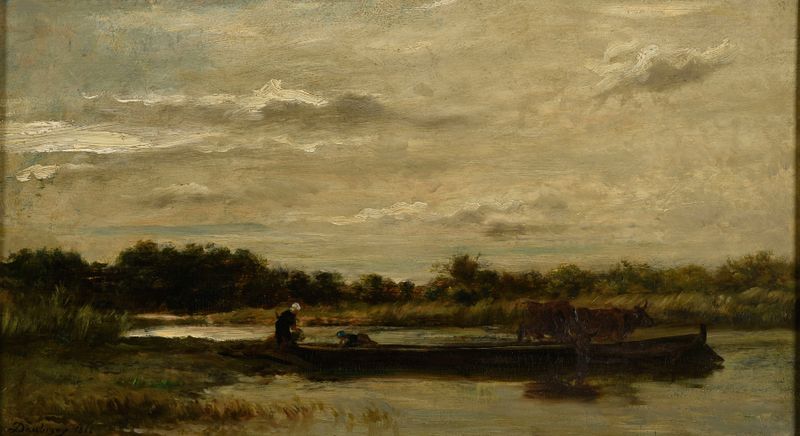 Pintura a óleo de Charles François Daubigny apresentando um rio, árvores e reflexos