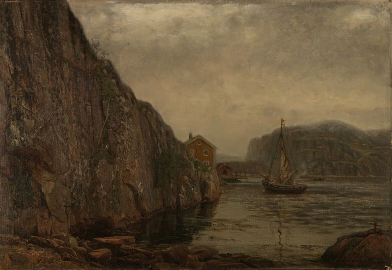 Oil painting by Amaldus Nielsen depicting a serene shoreline at twilight.