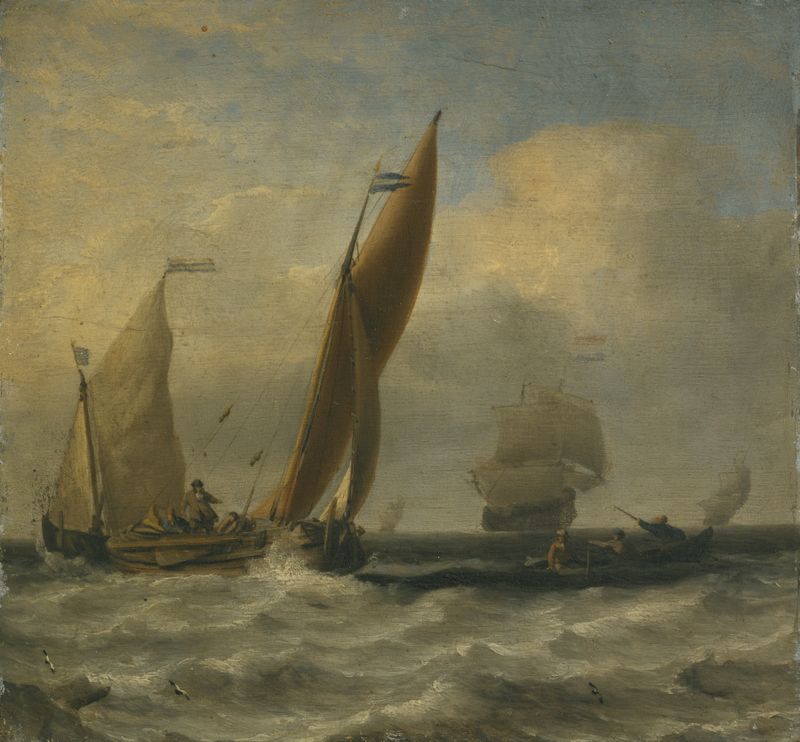 Fishing Boats at Sea, pintura a óleo de Willem van de Velde o Jovem, mostrando barcos em água calma ao crepúsculo.