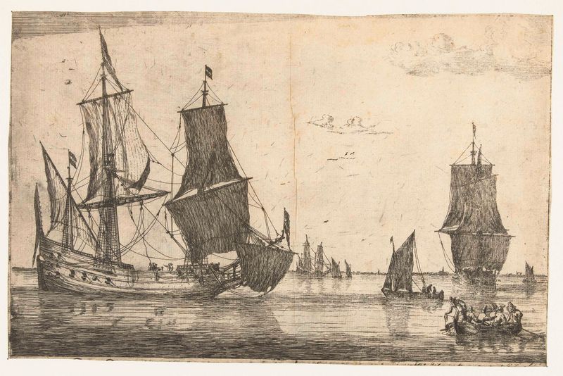 Grabado de Reinier Nooms que muestra un barco en aguas tranquilas
