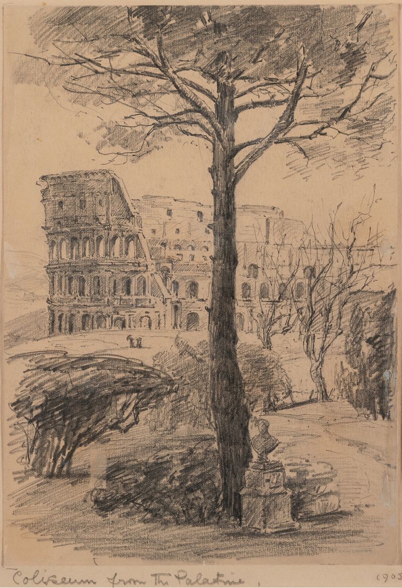 Watercolour by John Fulleylove depicting the Colosseum and landscape in Rome