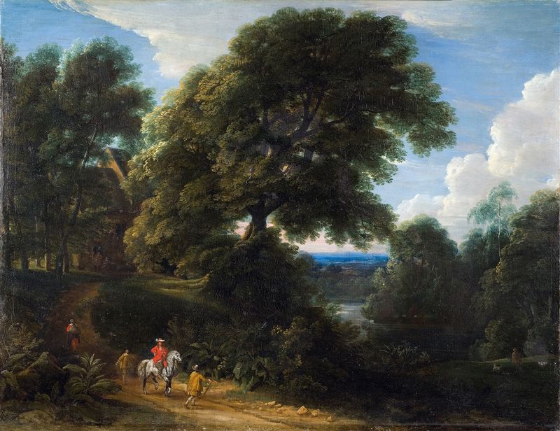 Landscape with a Rider in Red by Jacques d'Arthois, depicting a rider in crimson amidst lush greenery.