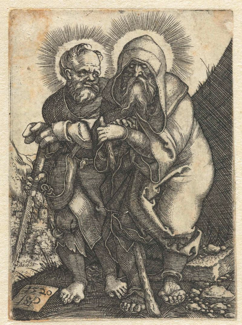 Gravura de Hans Sebald Beham mostrando Simão e Judas em discussão