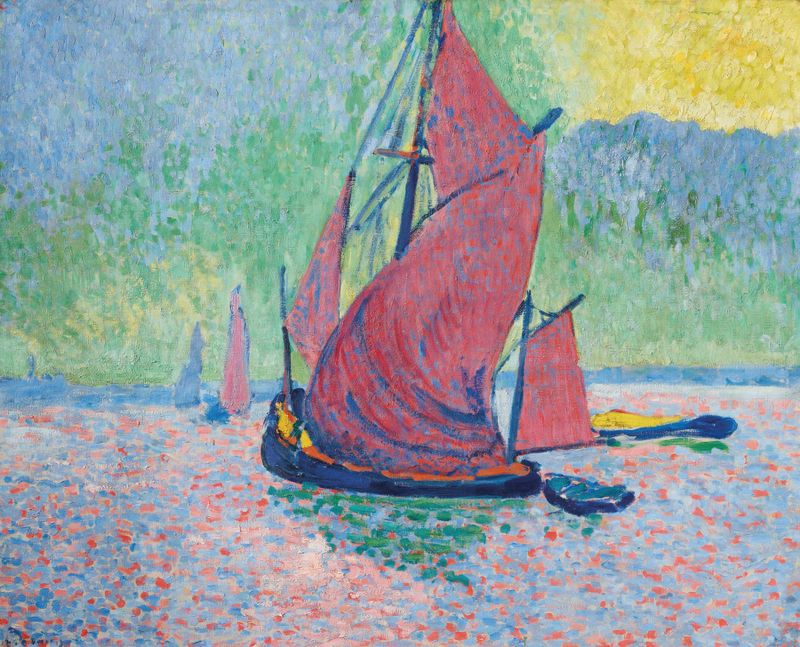 Les voiles rouges by André Derain, oil on canvas, features red sails against a blue sky.
