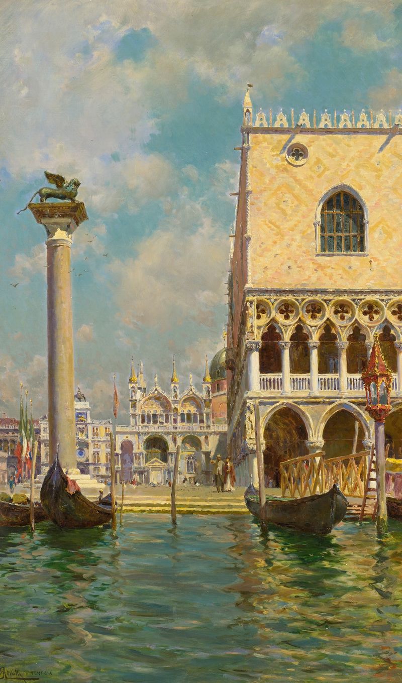 Paisaje de Venecia de Augusto Lovatti, Impresionismo, que muestra aguas brillantes y tonos del atardecer.